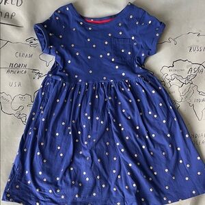 Mini Boden Blue Dress with Gold Foil Polka Dots